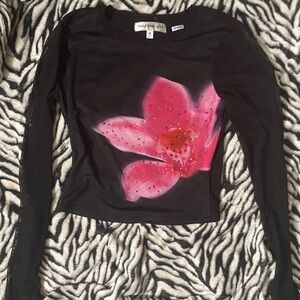 Madden Girl Black see though Top with Pink Floral Accent and gemstones